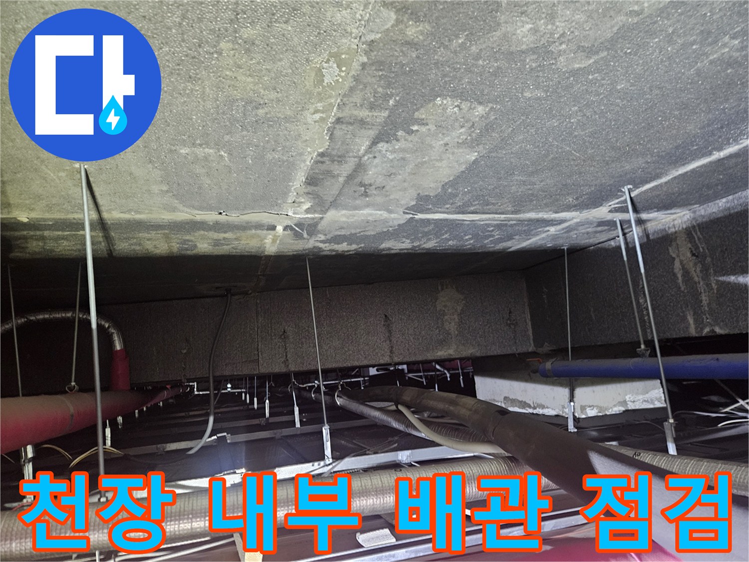 천장-텍스-개방-후-노출된-배수-배관-상태