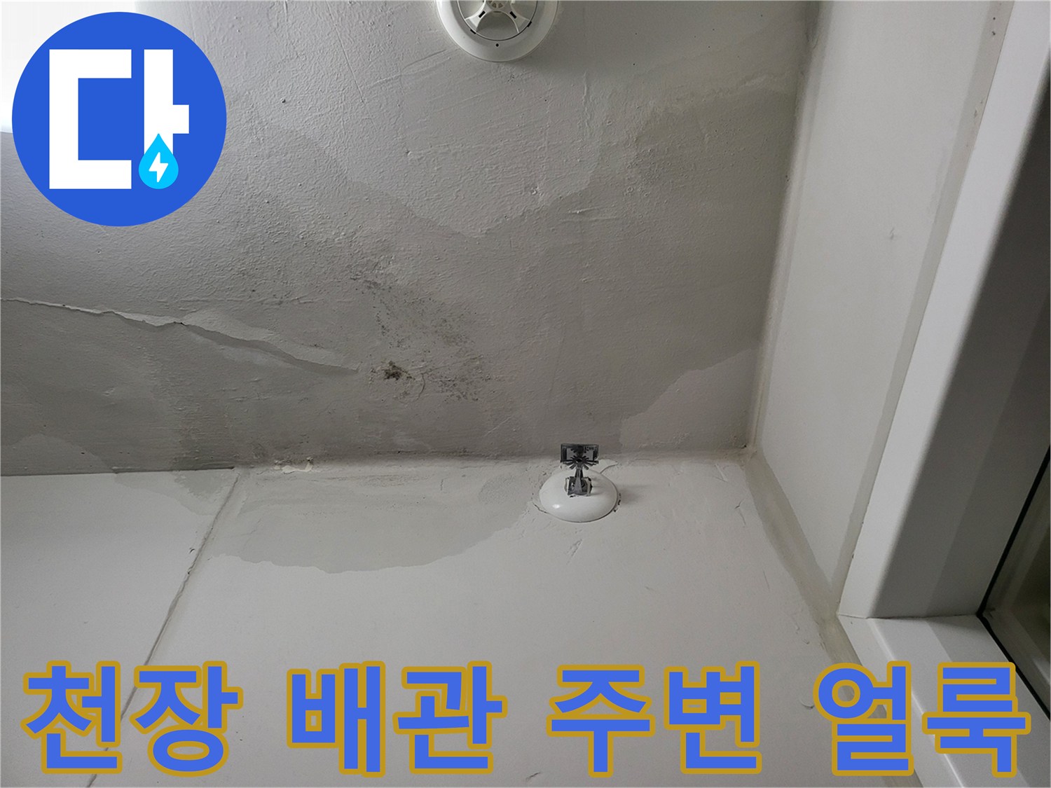 천장 배관 연결부 주변의 오염된 습기 흔적
