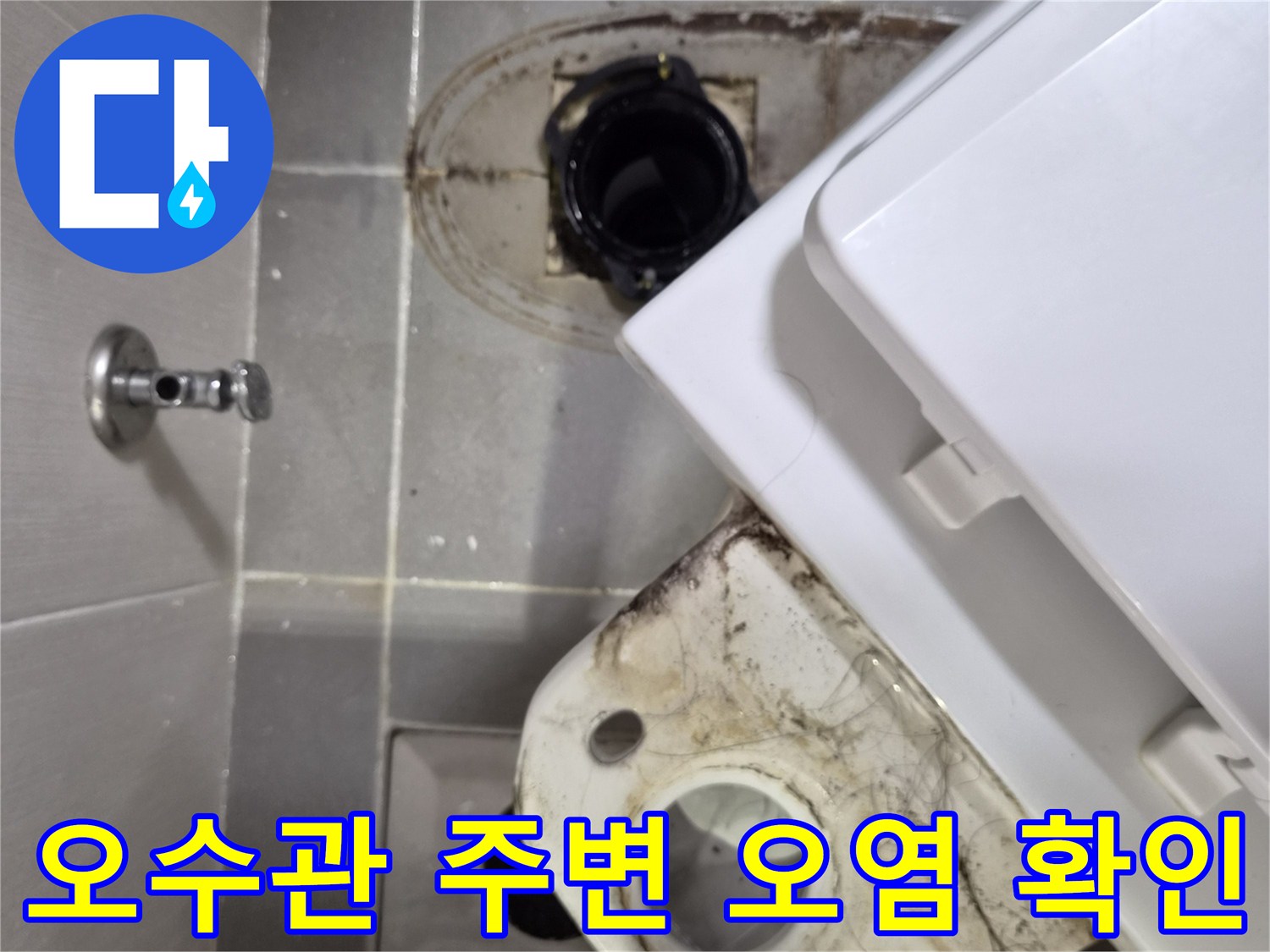 변기 하부 오수 배관 주변에 곰팡이와 물때가 가득한 모습입니다.