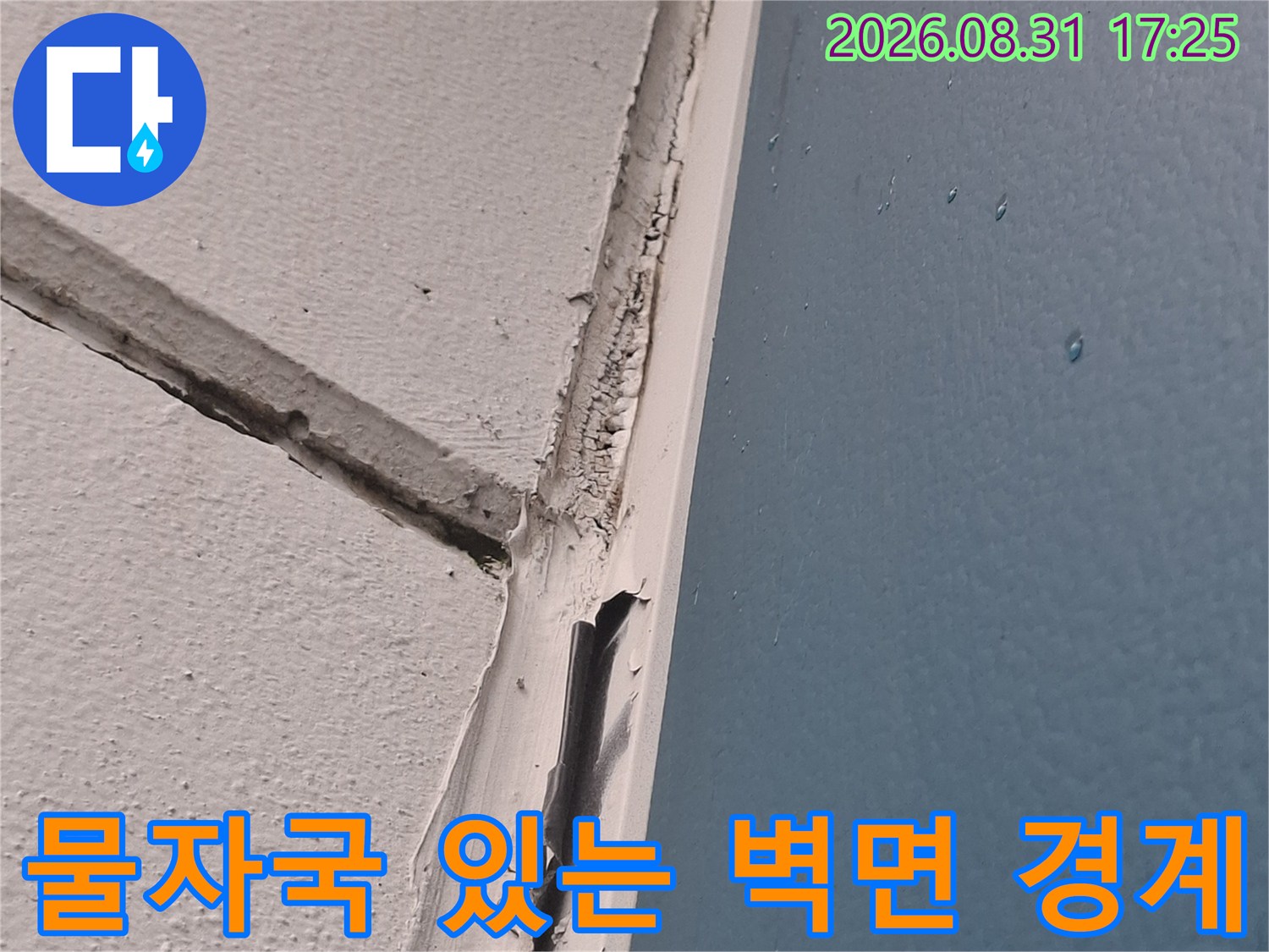 천장 도장면과 벽체 마감재 사이의 습기 침유 흔적
