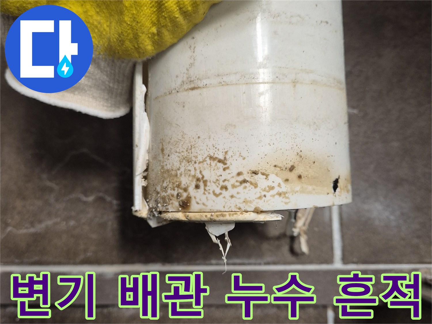 오염된 변기 오수관 입구와 주변의 찌꺼기 상태를 보여주는 사진