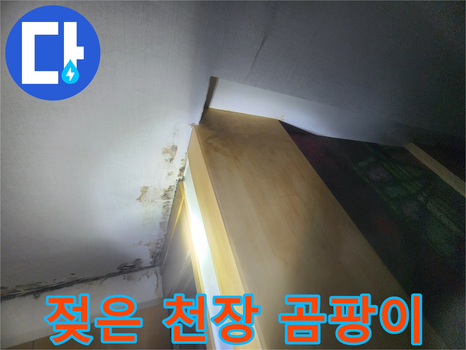 습기로 인해 검게 변한 천장 벽지 구석 부위