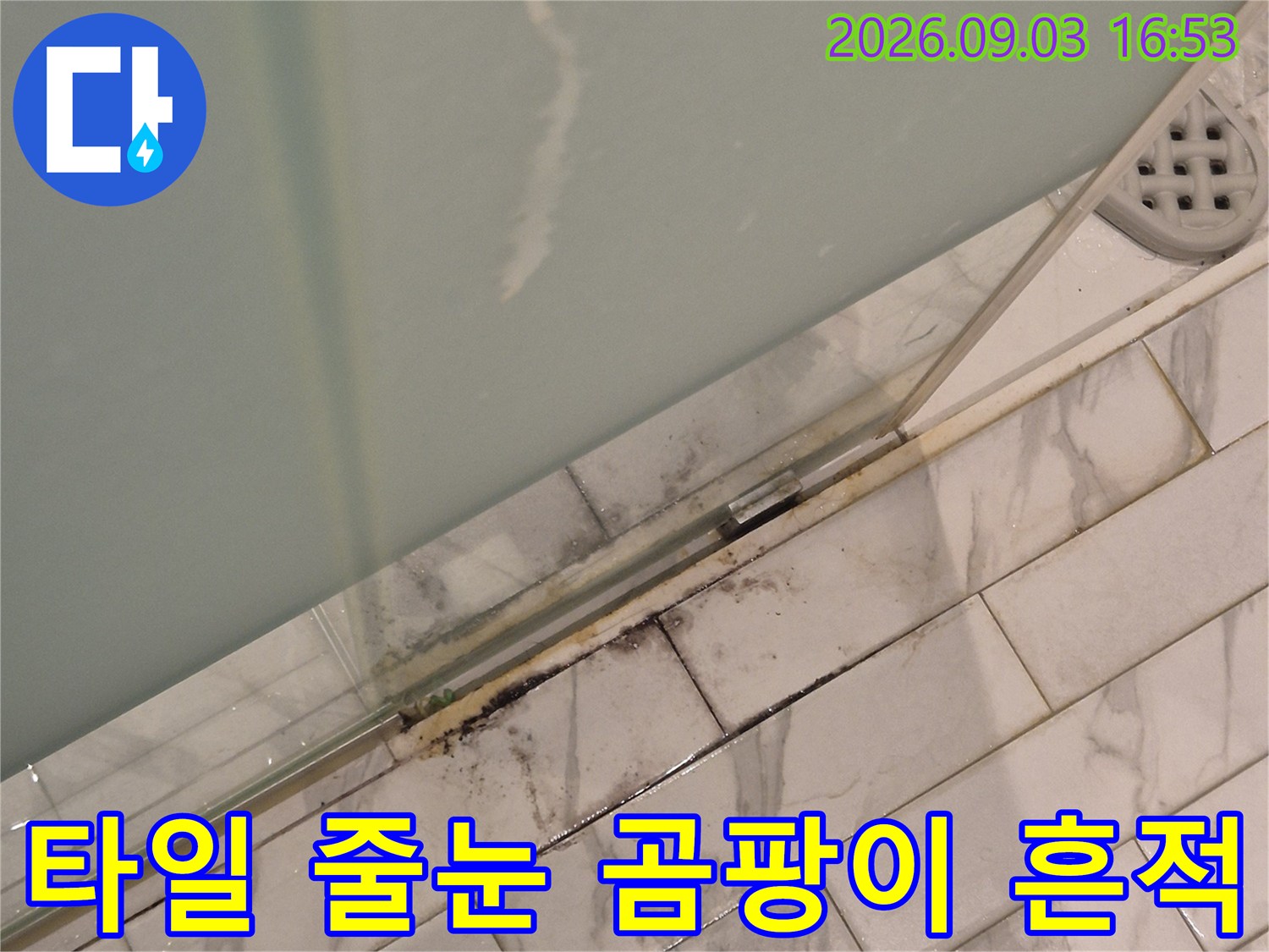 벽면 타일 틈새에 나타난 누수 의심 오염 부위