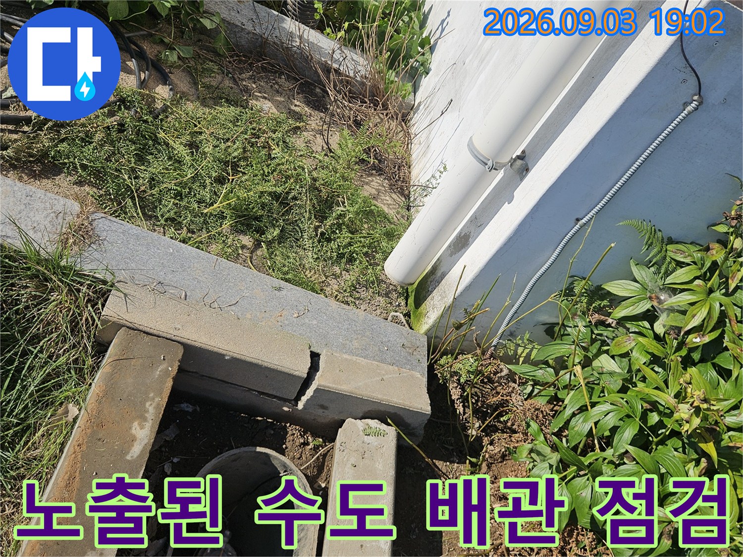 지면에 노출된 수도 배관과 계량기 함 내부의 연결 상태입니다.
