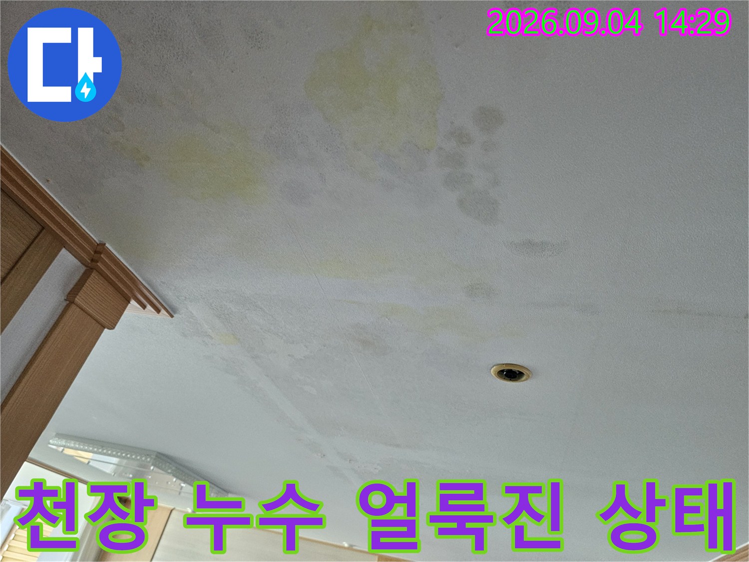 천장 마감재 표면에 나타난 노란색 누수 흔적과 습기 자국