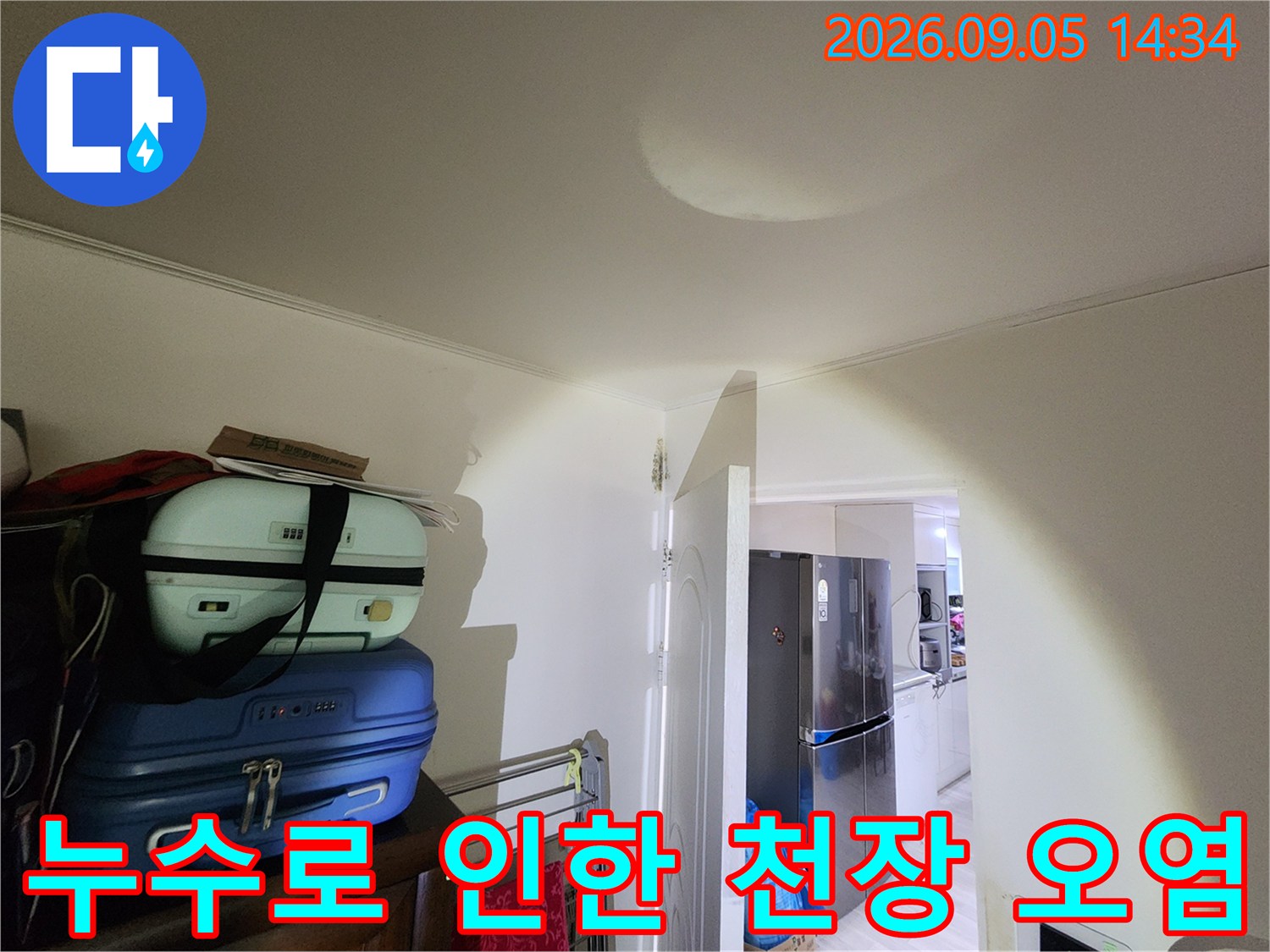 물에 젖어 변색된 천장의 누수 흔적을 근접 촬영한 사진입니다.