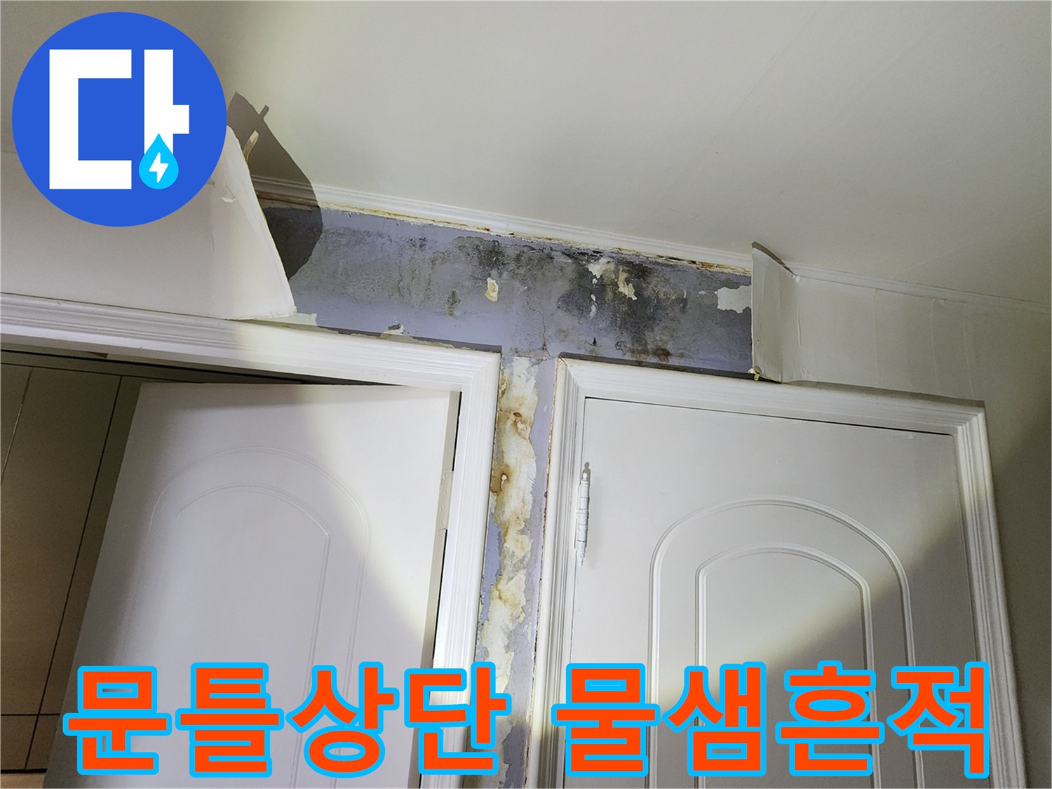 화장실 문틀 상단부-벽지 박리와 곰팡이가 발생한 모습입니다.