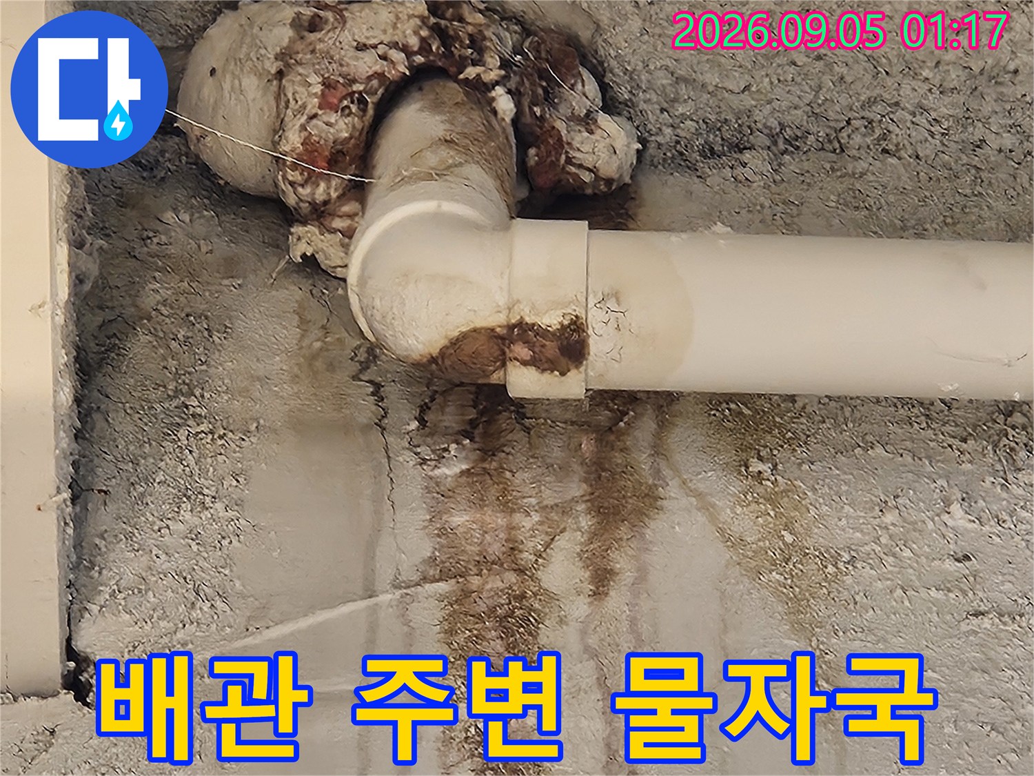 광진구 자양동 현장의 하얀색 배관 주변에 발생한 갈색 누수 흔적