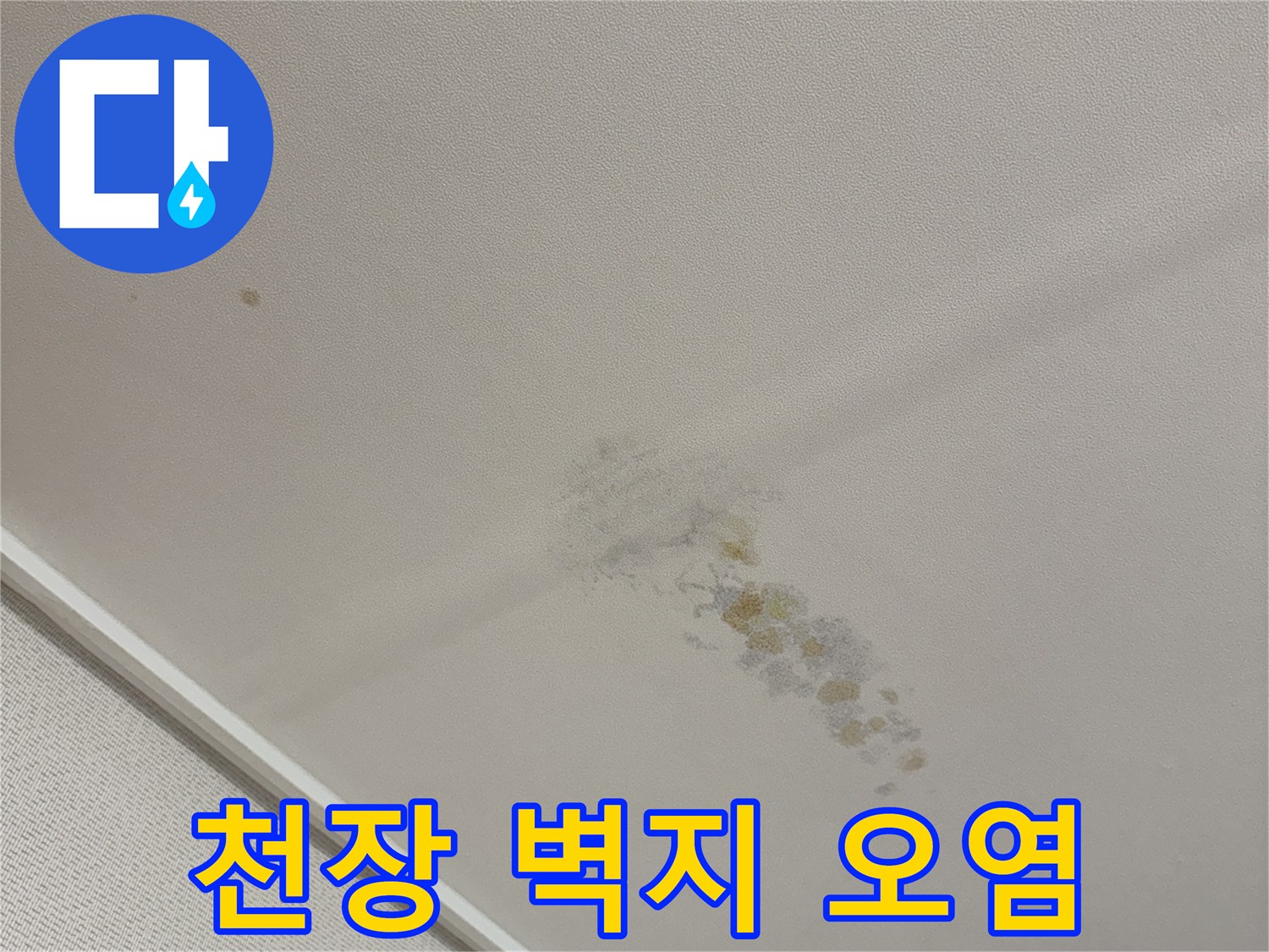 누수로 인해 갈색으로 얼룩진 천장 벽지의 모습