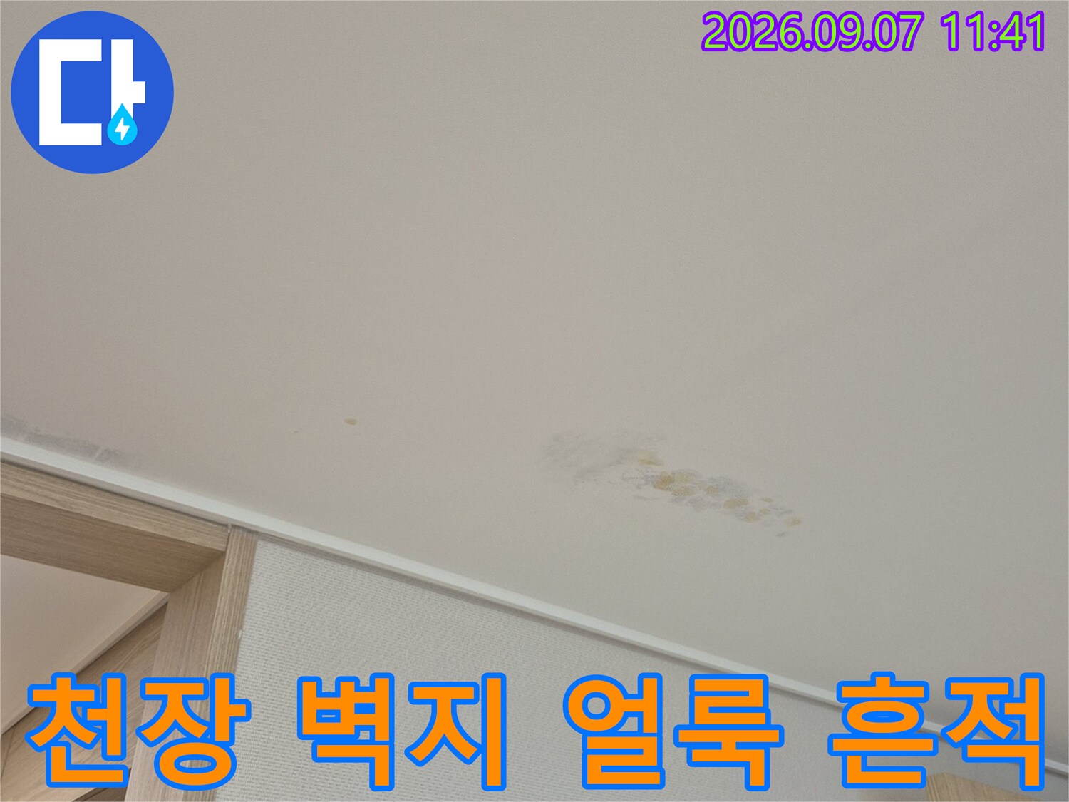 용인 수지구 동천동 현장의 천장 벽지 변색 및 누수 흔적 사진입니다.
