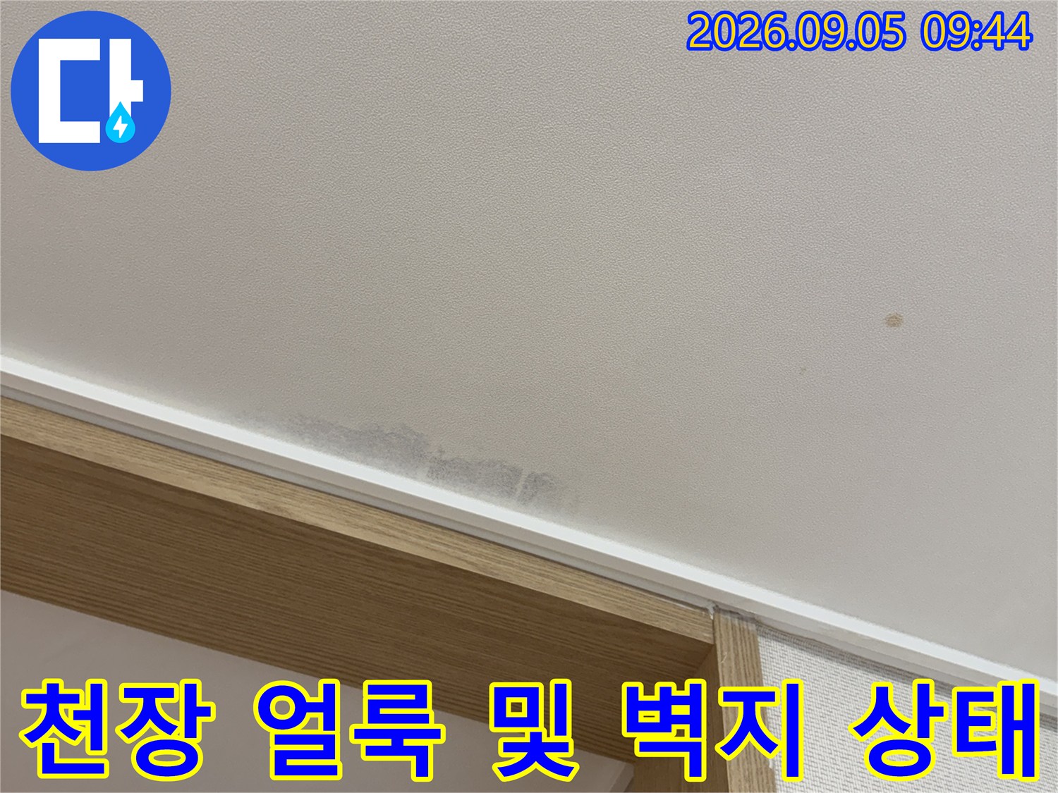 용인 수지구 동천동 현장의 천장 벽지 얼룩과 부식된 마감재 모습