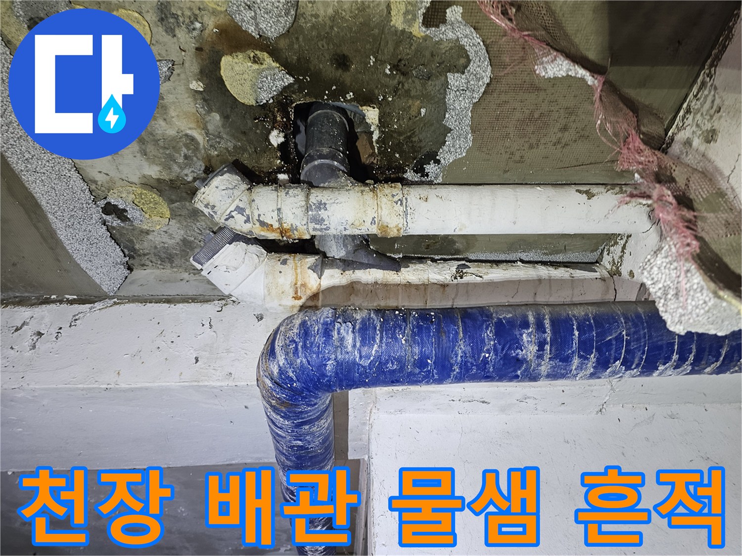 하얀색 배관과 파란색 배관 사이의 천장 벽면 누수 및 부식 상태