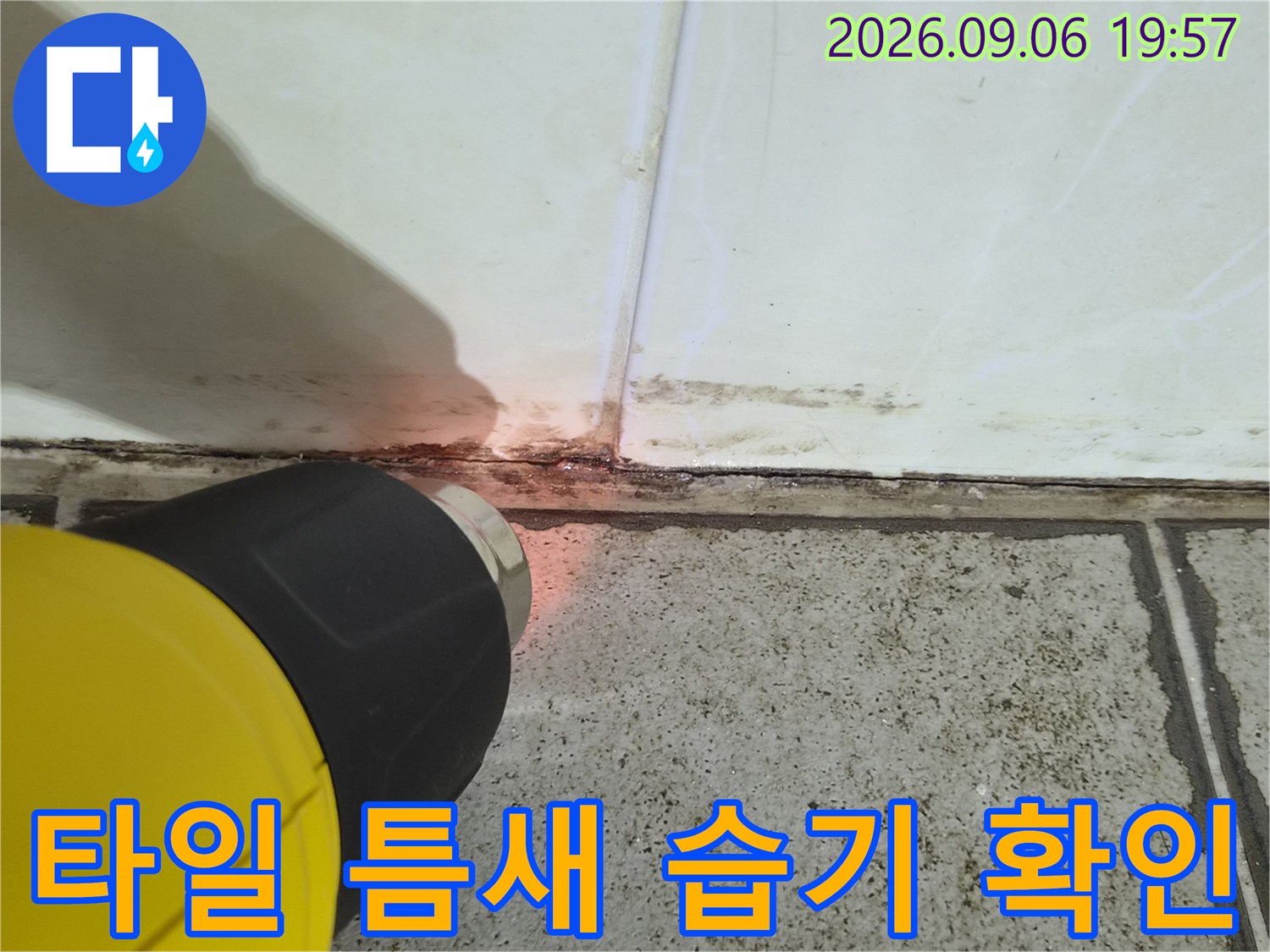 손전등 빛에 비친 타일 하단 경계의 오염된 줄눈 부위