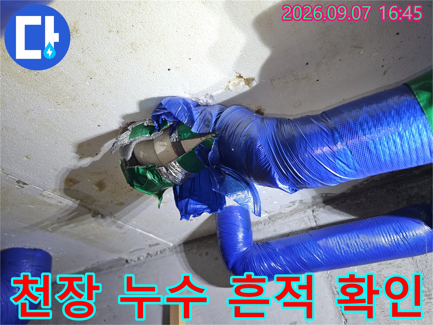 축축하게 젖은 천장 콘크리트와 파란색 테이프가 감긴 배관