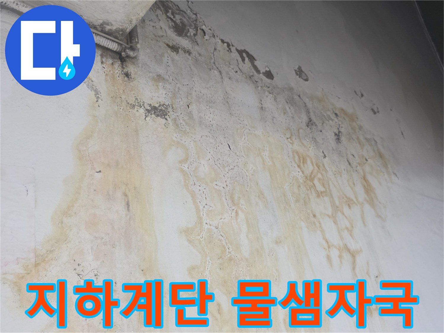 배관 결함으로 발생한-지하 계단 벽면의 변색과 얼룩
