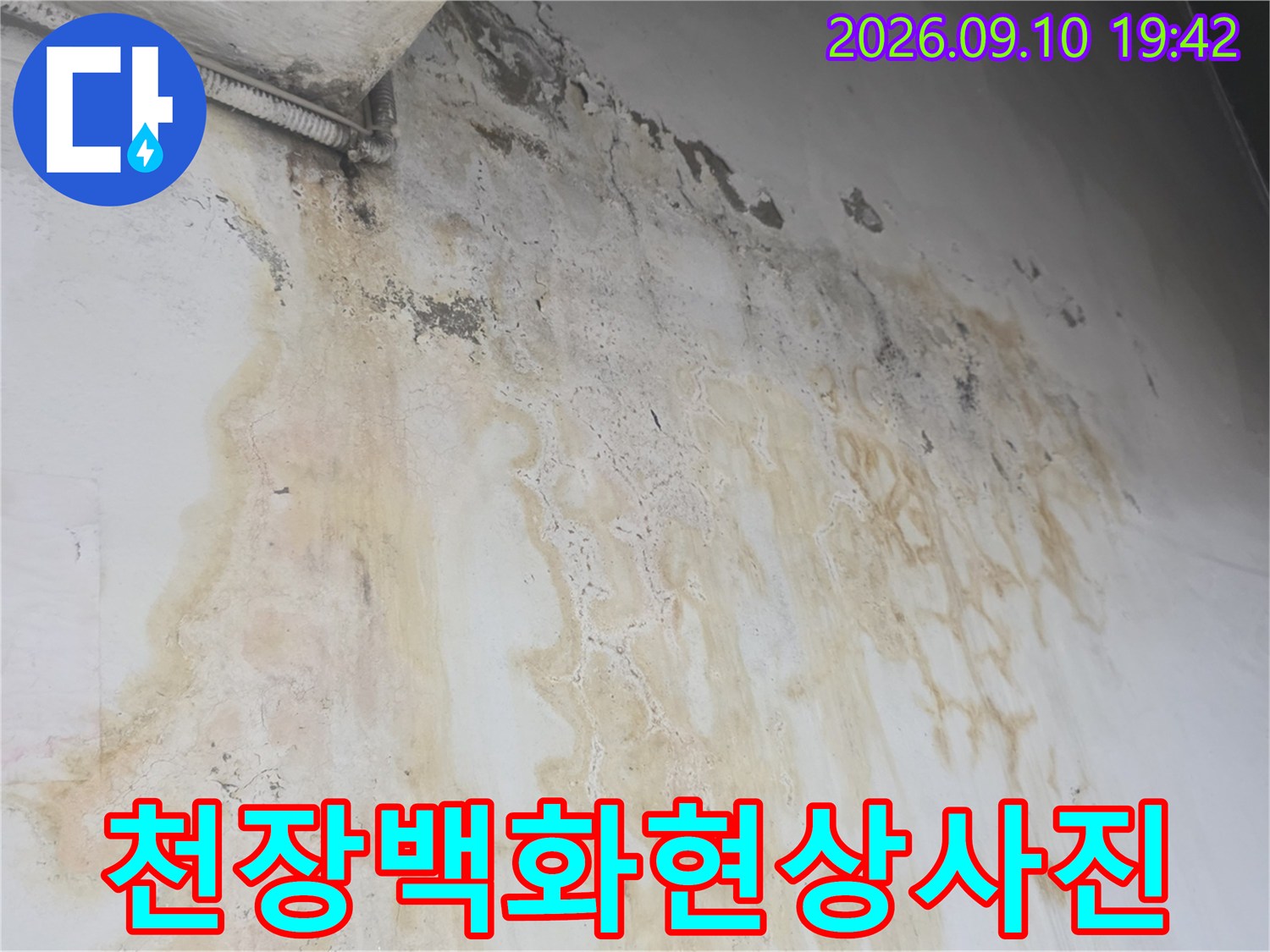 천장 벽면을 타고 내려온 누수 흔적과 백현 현상 이미지