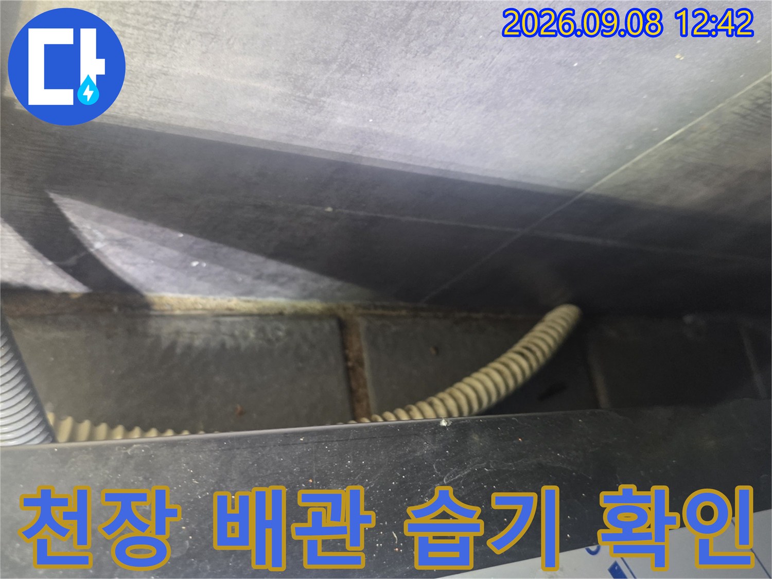 누수가 의심되는 천장 내부의 주름관과 배관 연결 부위