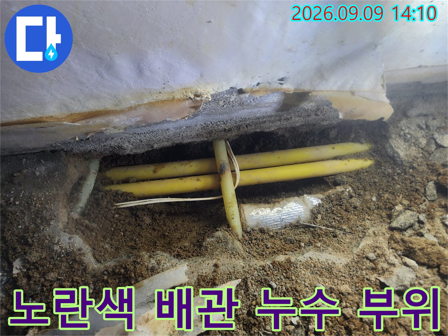 서초구 염곡동 현장에서 확인된 노란색 PB배관의 누수 구간