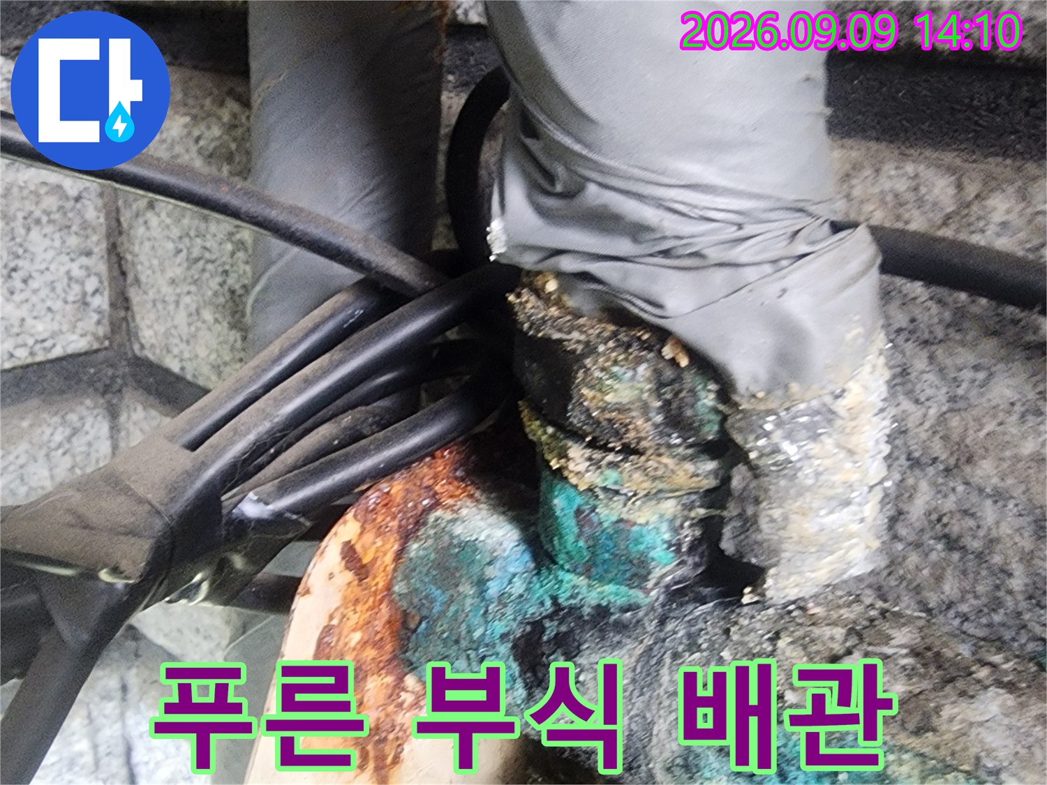 지하실 천장 배관 연결부의 푸른색 부식과 오염된 상태입니다.