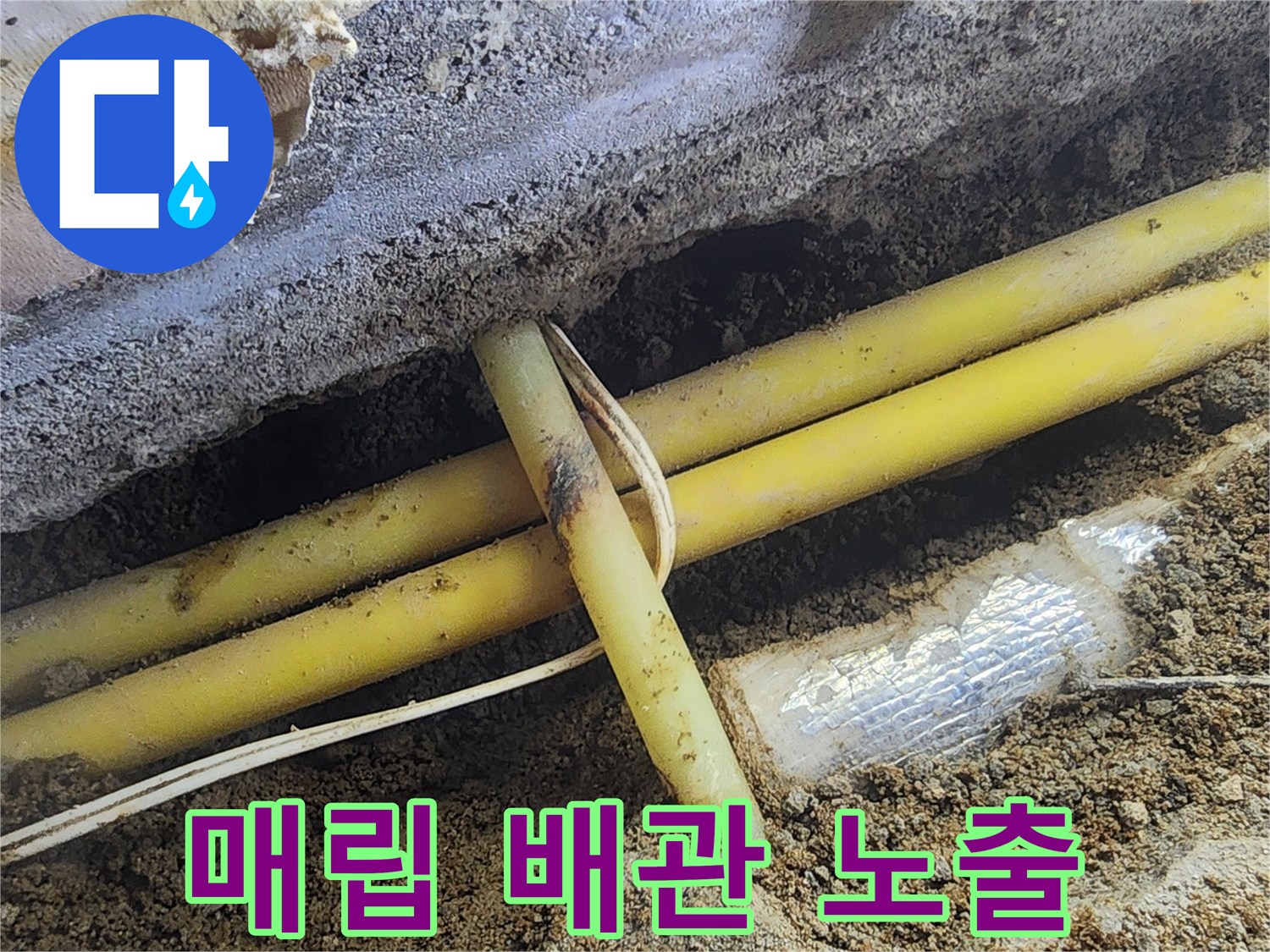 흙을 파내어 드러난 노란색 PE 배관과 주변 토사