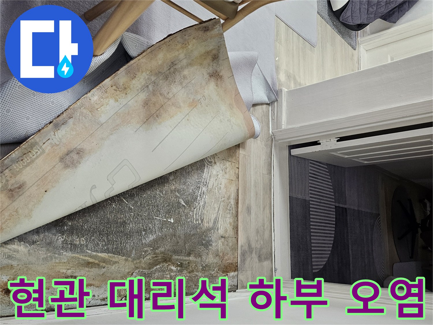 습기로 인해 변색되고 지저분해진 현관 바닥 콘크리트 부위
