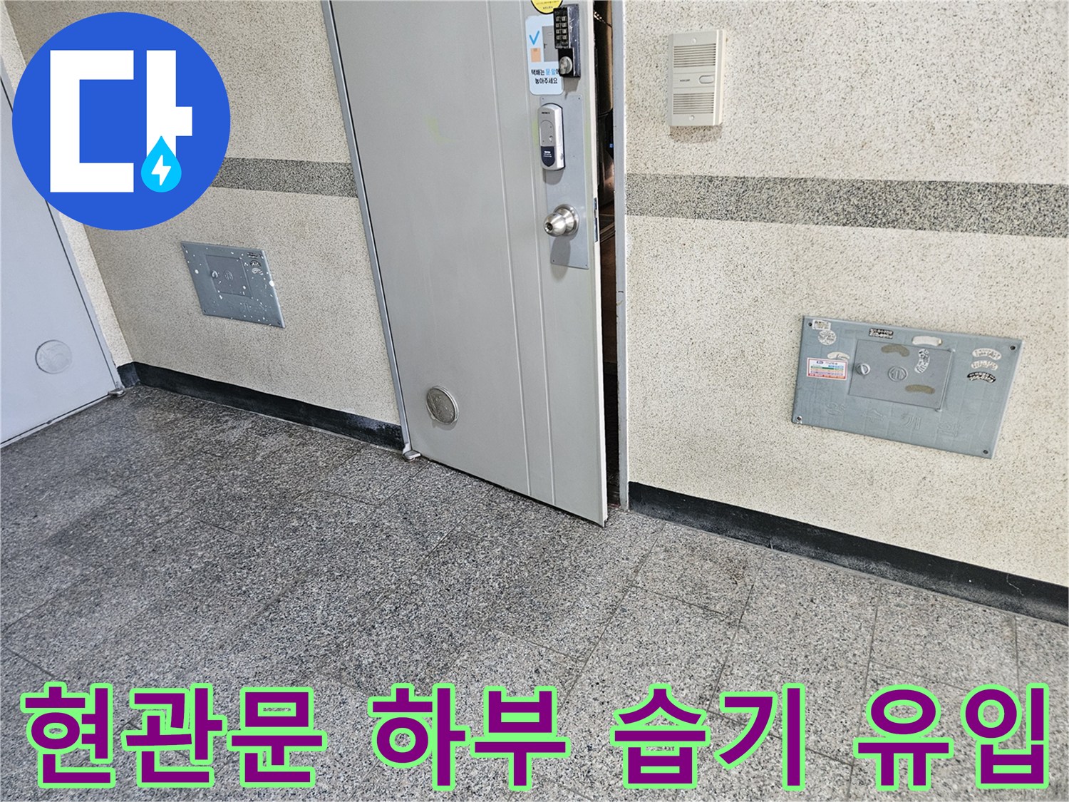 현관문 아래쪽 대리석 마감재에 나타난 물샘 흔적입니다.