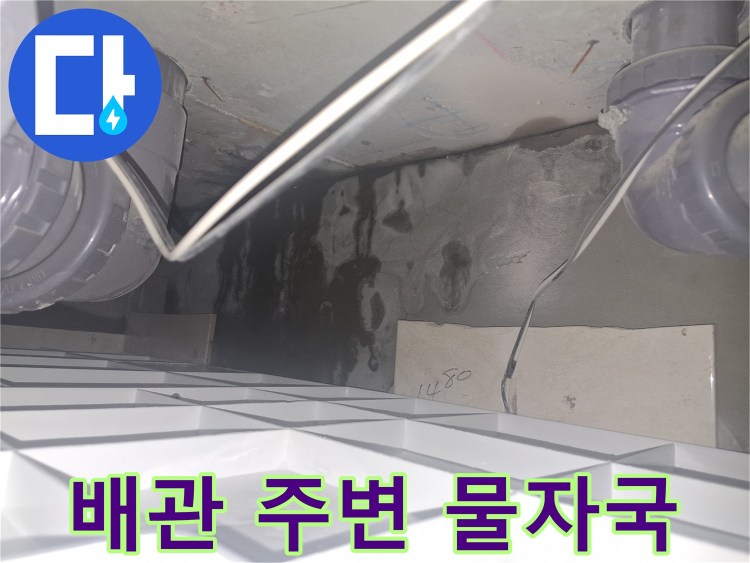 누수가 의심되는 배관 주위의 검은 얼룩과 습기 상태