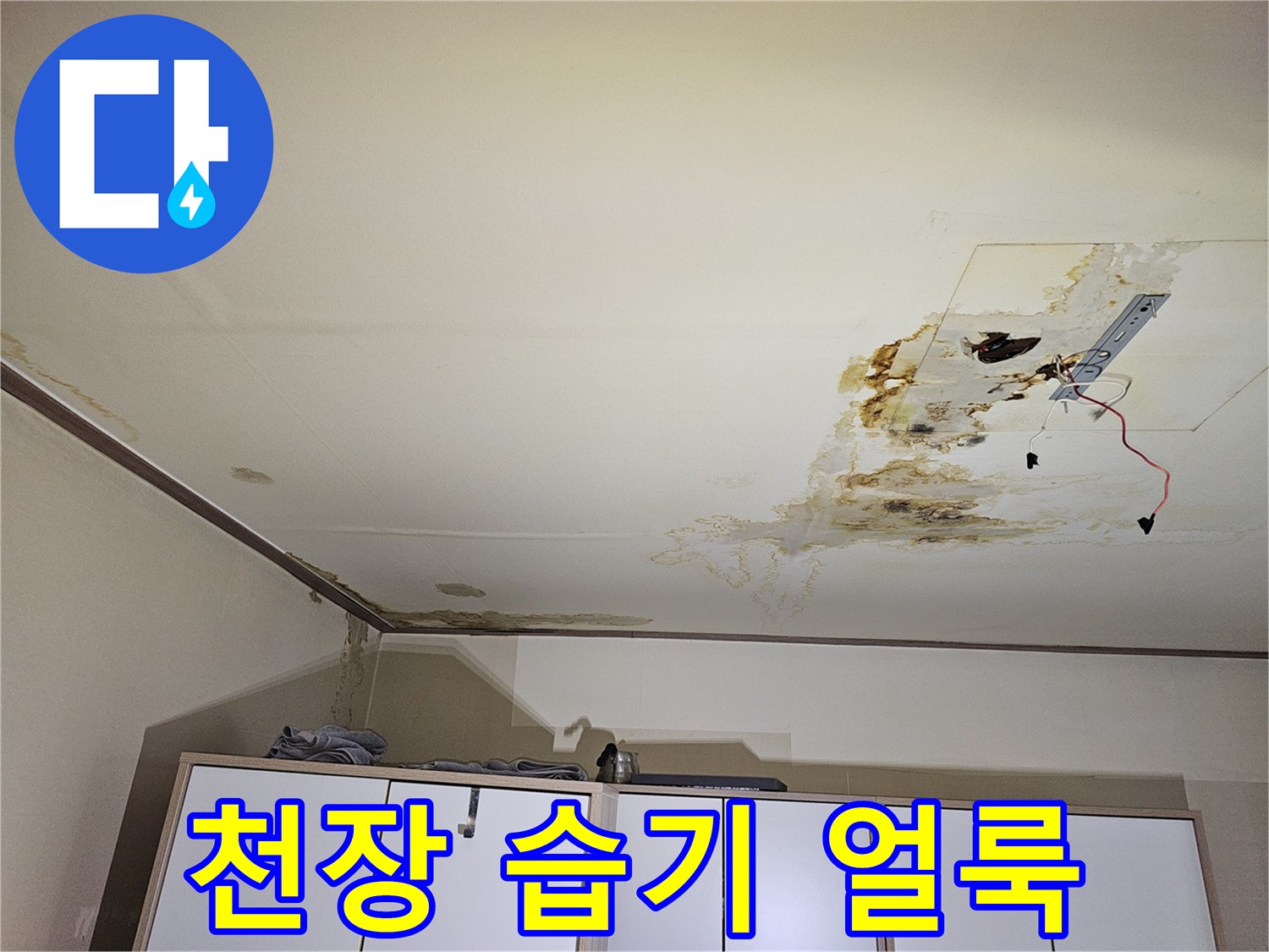 천장 석고보드 부위-누수로 인한 변색 및 젖음 현상 관찰
