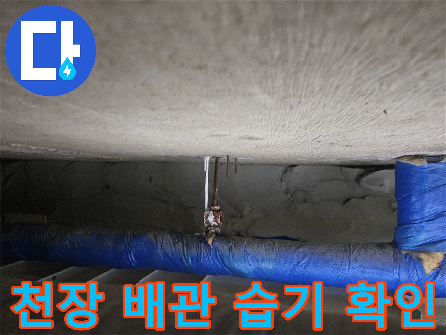 배관 주변의-축축하게 젖은 천장 콘크리트 부위
