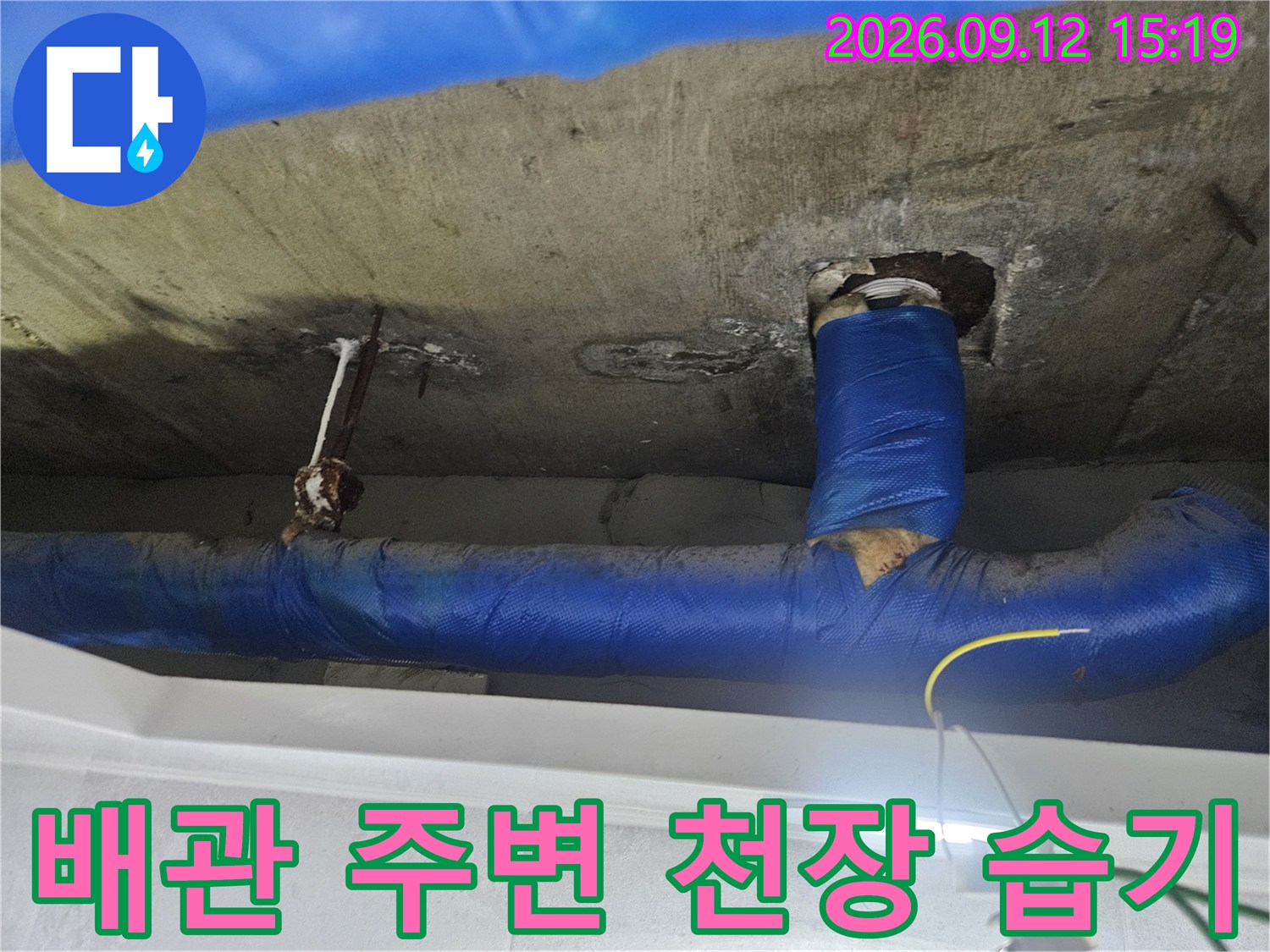 젖어 있는 천장-콘크리트 면과 파란색으로 마감된 배관의 모습입니다.