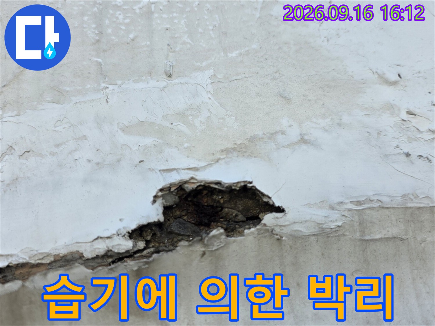 습기로 인해 페인트가 부풀어 오르고 벗겨진 아파트 벽면 모습입니다.