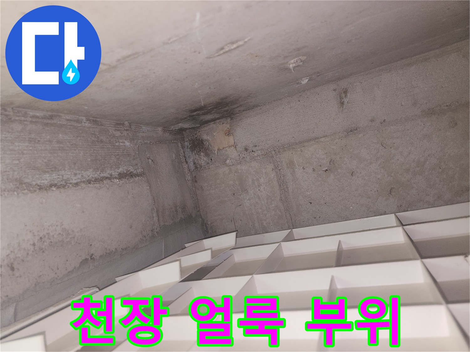 천장과 벽의 경계-습기로 인해 젖어있는 마감재 면