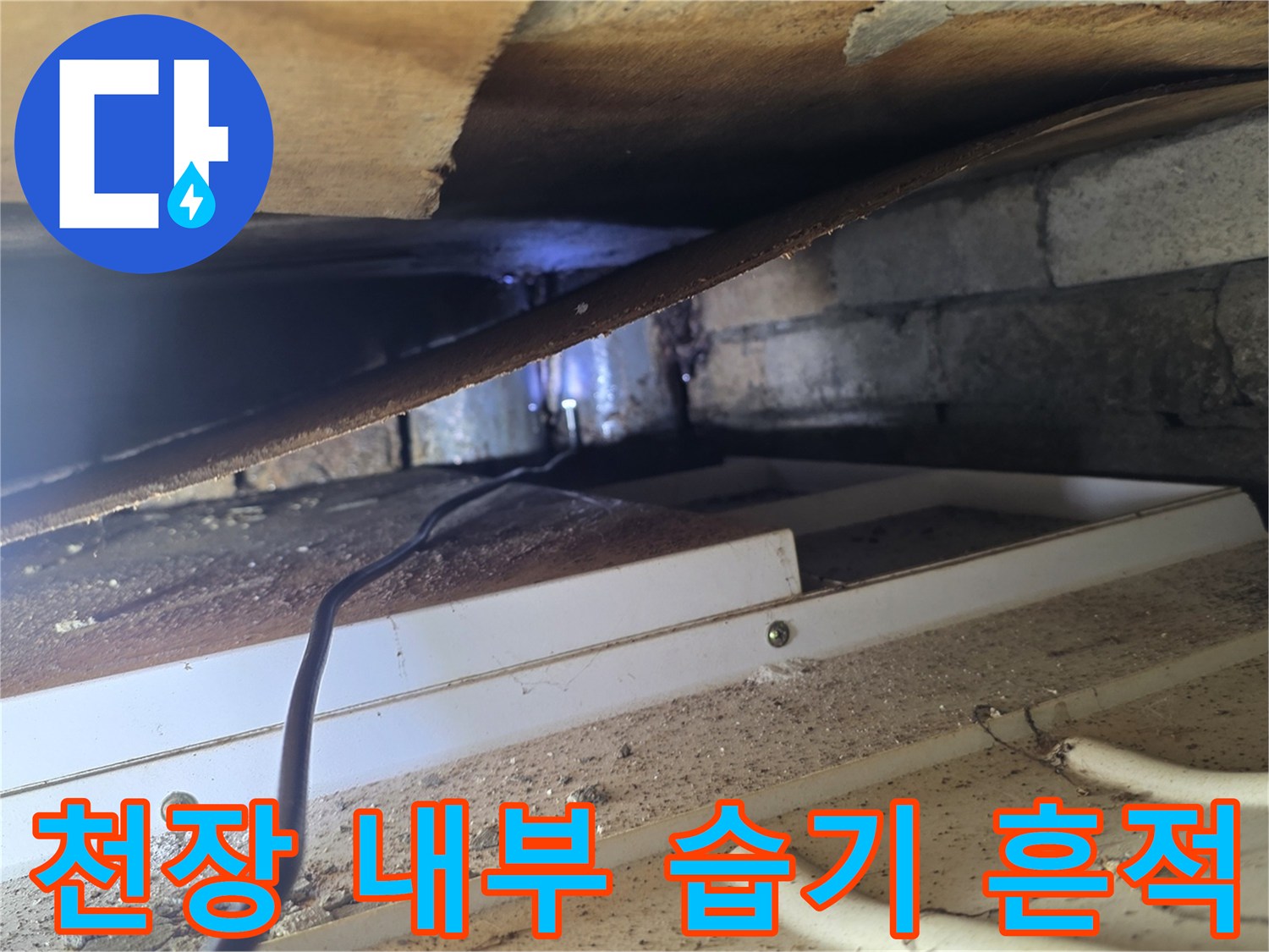 배관 주변 콘크리트 슬라브에 발생한 누수 흔적 사진