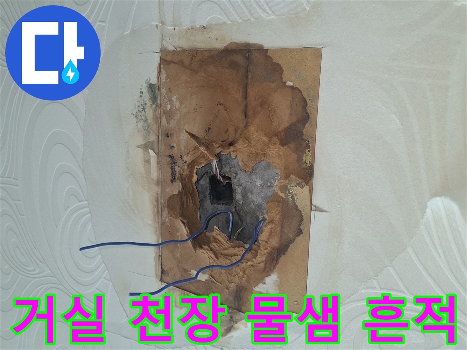 권선구 곡반정동 거실 천장 배선함 주변의 누수 흔적과 젖은 자국