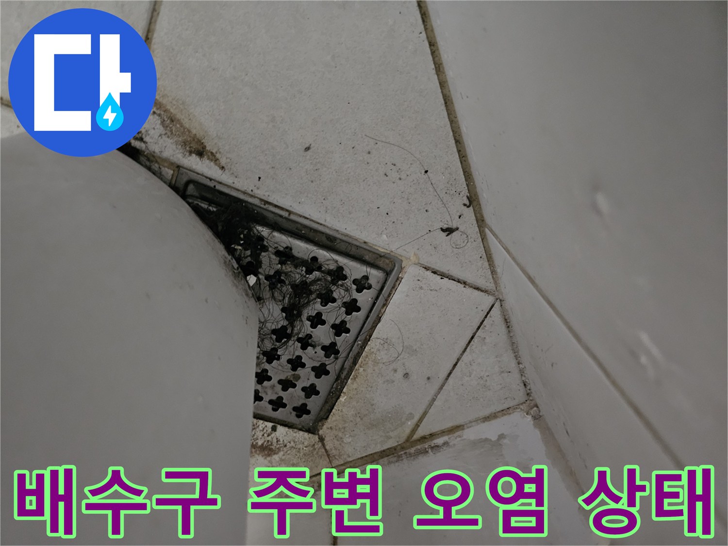 욕실 바닥 배수구 주변에 곰팡이와 물때가 끼어 있는 모습입니다.